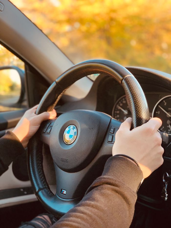 about-01 Hands on BMW steering wheel during a sunny autumn drive, showcasing automotive precision.