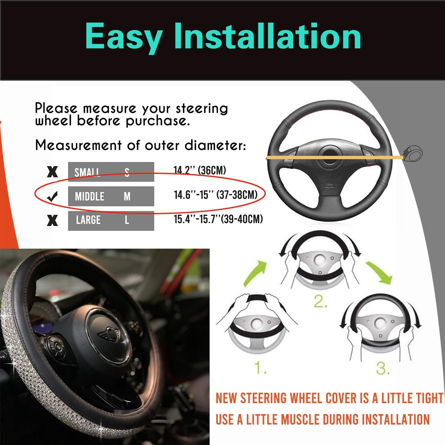 b08kzq12np 5 Bling Bling Comfy Steering Wheel Cover Universal 15 Inch (Silver)