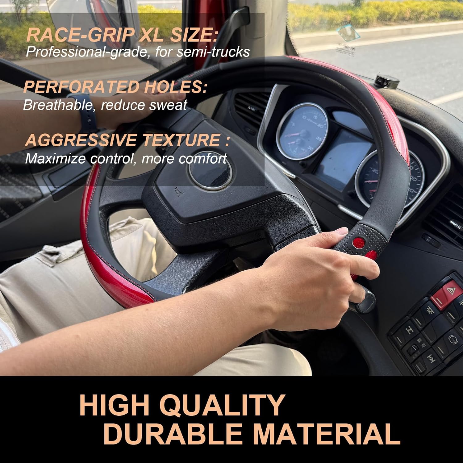 b0fl11z59h 2 XL Race Grip Steering Wheel Cover for Semi Truck 18In Racing Red