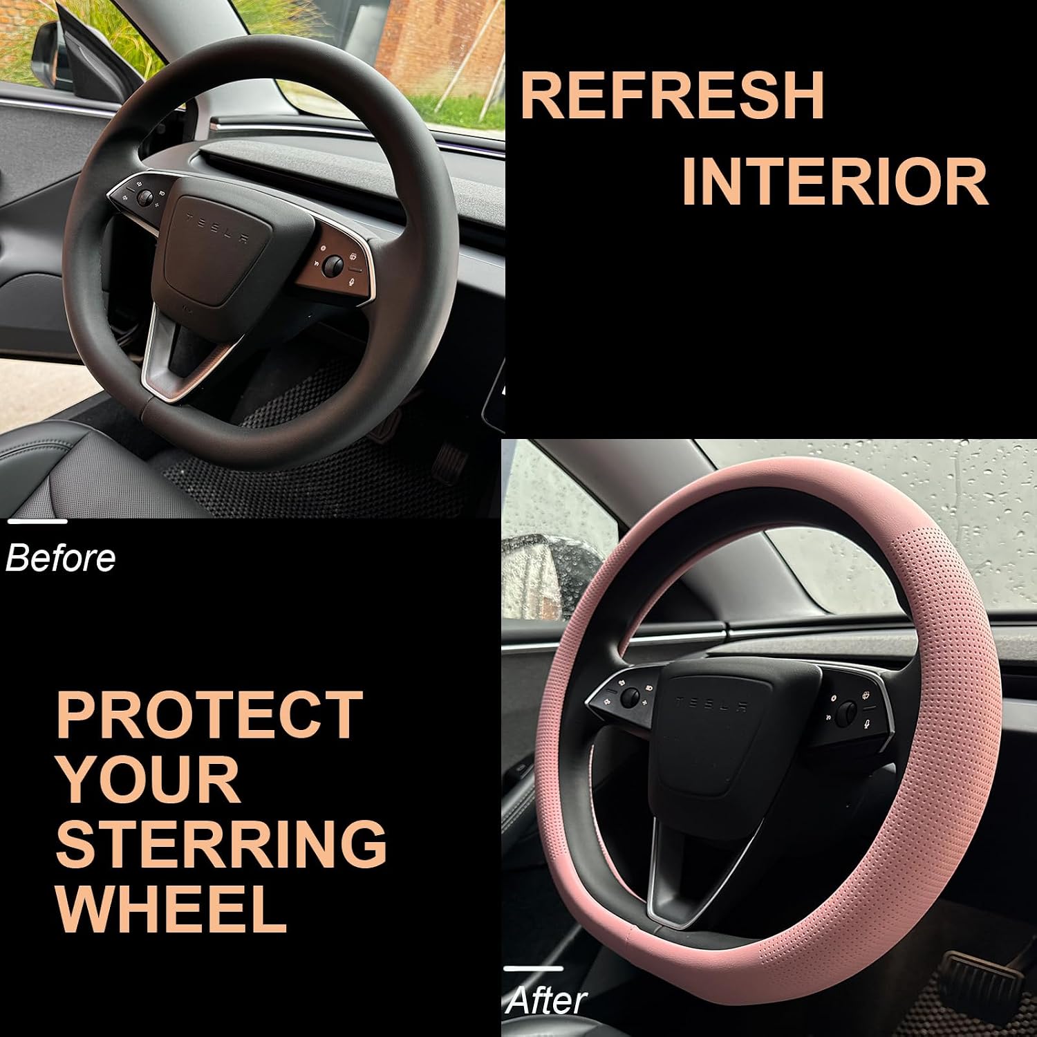 b0fl3zmvs7 3 Nappa Leather Steering Wheel Cover for Tesla Model Y/3 (Pink)