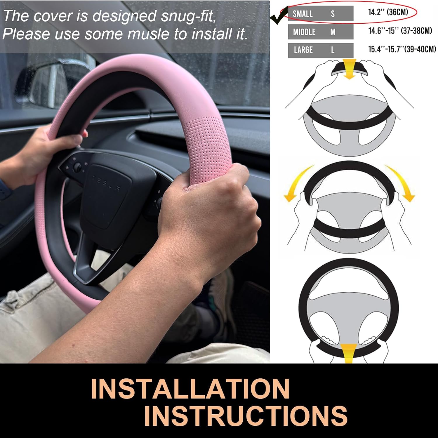 b0fl3zmvs7 4 Nappa Leather Steering Wheel Cover for Tesla Model Y/3 (Pink)