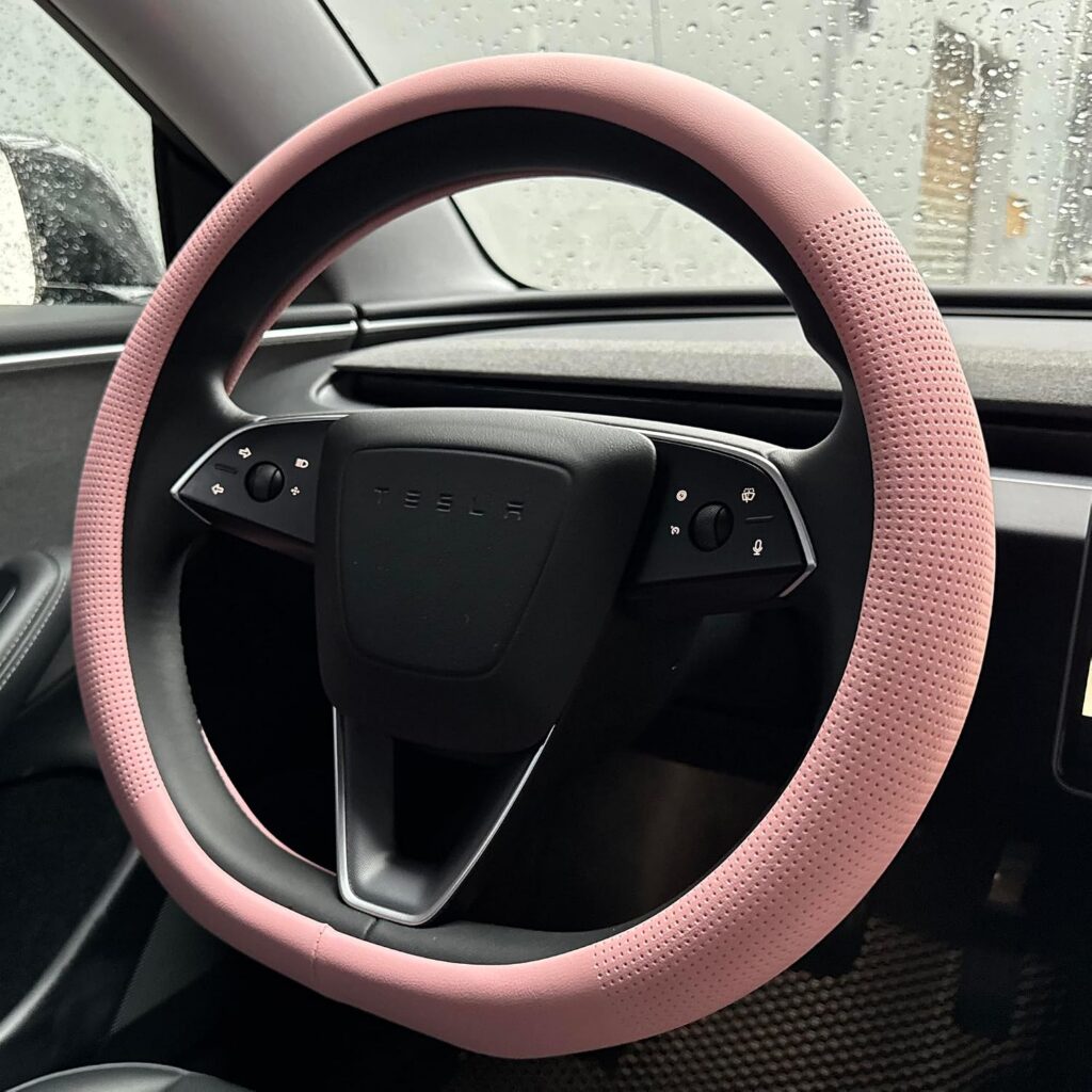 Home Nappa Leather Steering Wheel Cover for Tesla Model Y/3 (Pink)